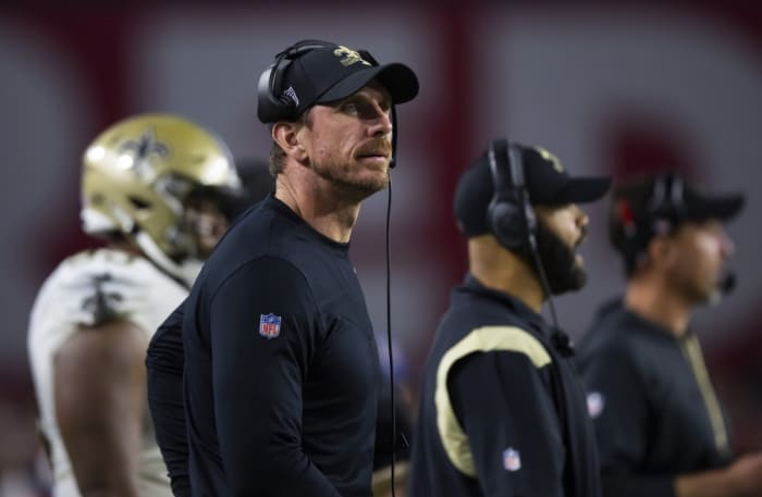 New Orleans Saints co-defensive coordinator Ryan Nielsen against the Arizona Cardinals. Mandatory Credit: Mark J. Rebilas-USA TODAY Sports